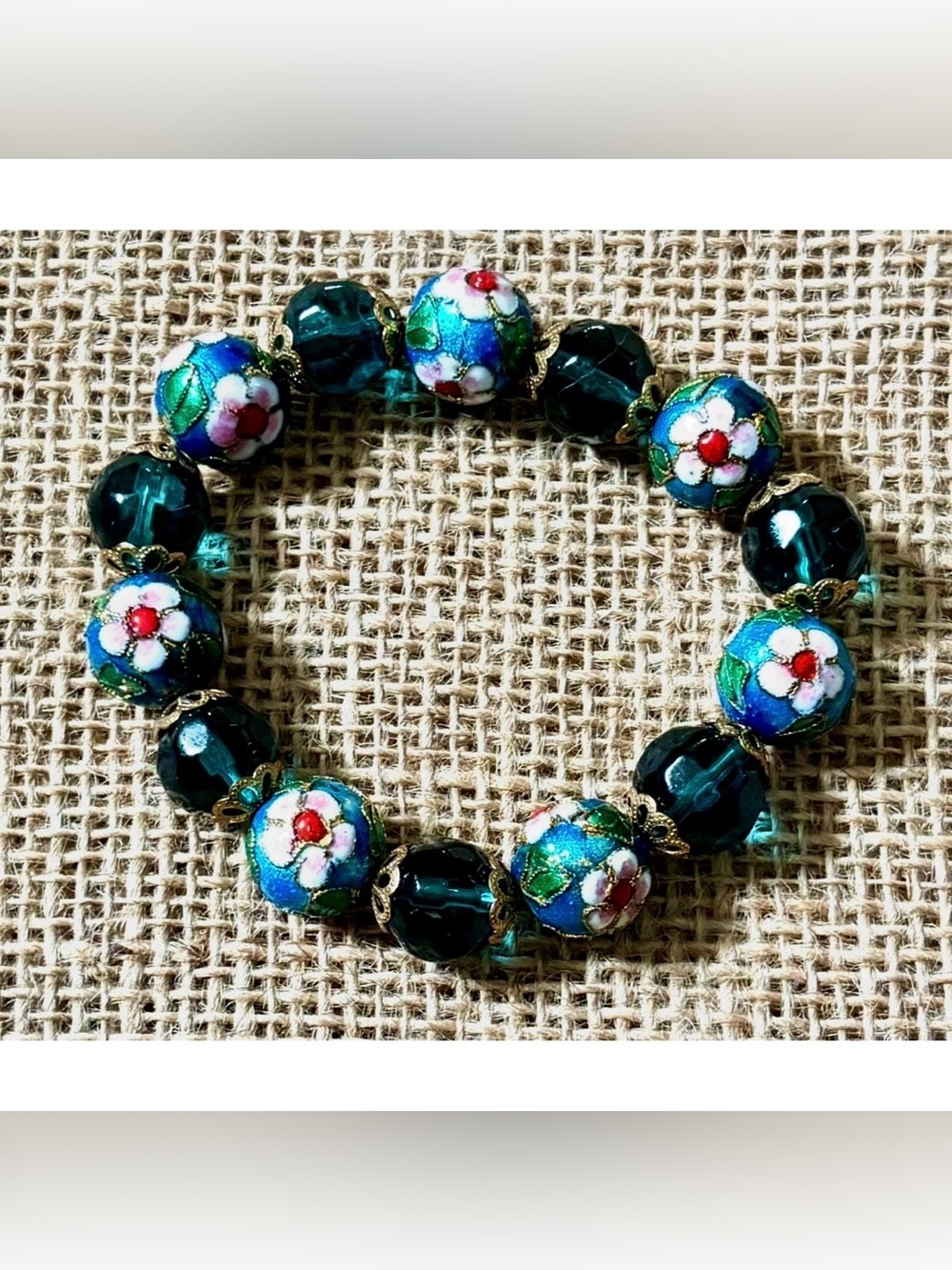 Hand Painted Floral Plastic Bead Stretch Bracelet Cloisonne Style Aqua Blue Teal